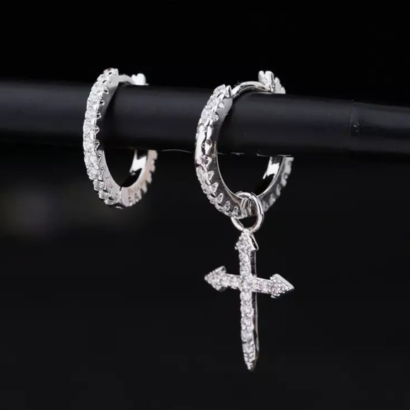 DIAMOND 925 SILVER CROSS PENDANT HOOP EARRINGS, NICE EARRINGS, CUTE EARRINGS - Picture 2 of 5